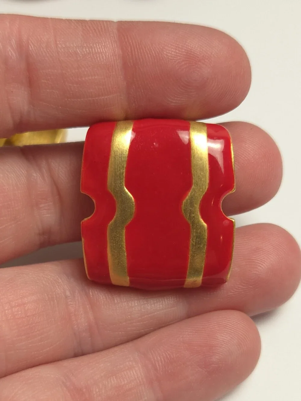 Vintage Bright Red & Brushed Gold Geometric Design Earrings Clip on Heavy